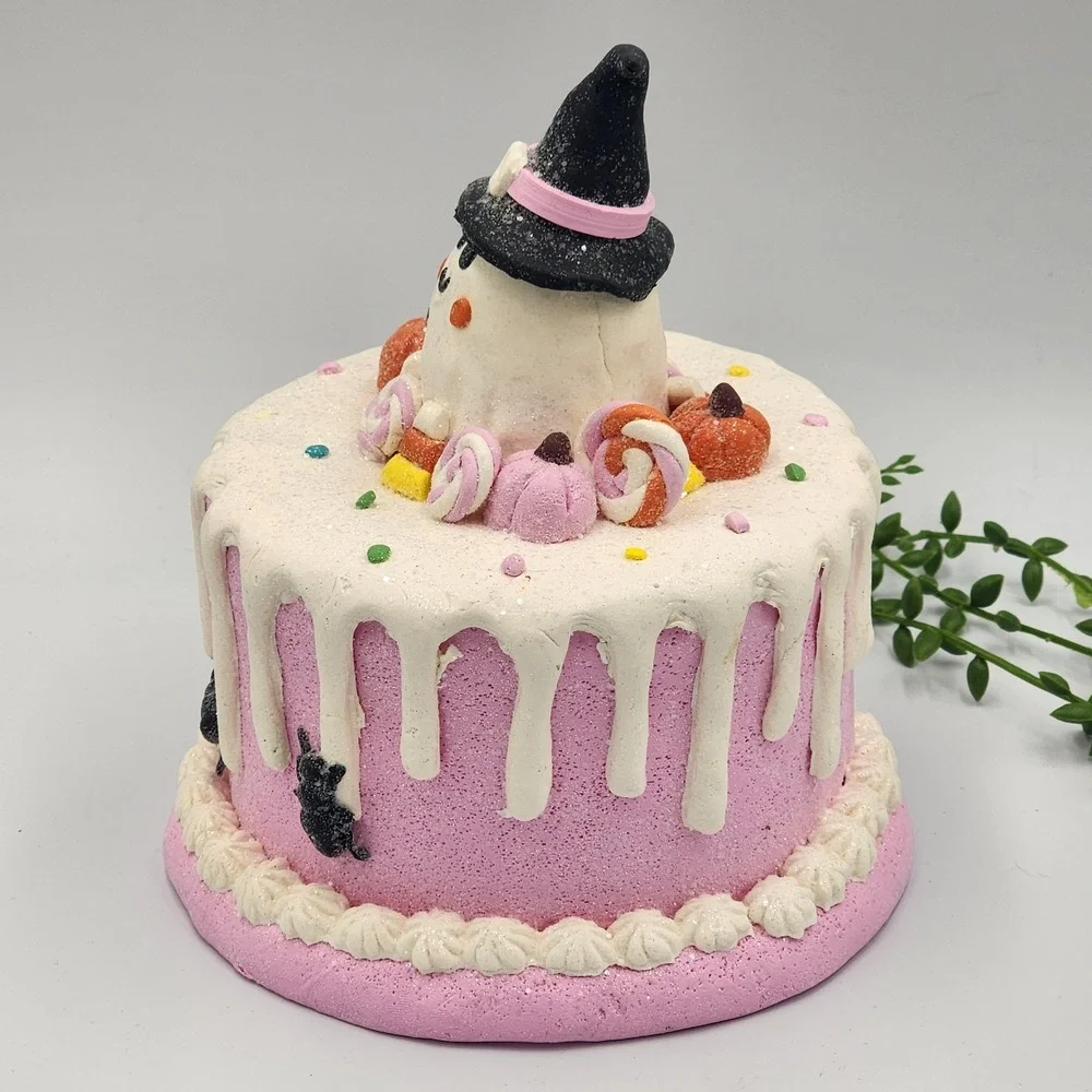 Halloween Gingerbread Faux Cake Pink Ghost Witch Hat Candy Pumpkins Spiders 8